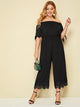 Plus Knot Cuff Contrast Lace Hem Off Shoulder Jumpsuit