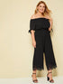 Plus Knot Cuff Contrast Lace Hem Off Shoulder Jumpsuit