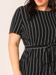  Plus Self Belted Striped Dress