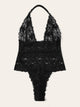 Plus Floral Lace Halter Teddy Bodysuit