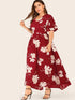 Plus Large Floral Print Layered Sleeve Dress