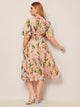  Plus Surplice Neck Wrap Knot Pleated Floral Dress