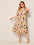  Plus Surplice Neck Wrap Knot Pleated Floral Dress