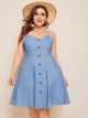 Plus Button Front Shirred Denim Cami Dress