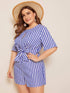 Plus Cut-out Front Tie Waist Striped Romper