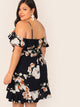  Plus Cold Shoulder Ruffle Trim Wrap Floral Print Dress