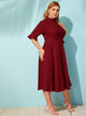 Plus Mock Neck Flounce Sleeve Rib-knit Flare Dress