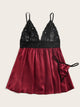 Plus Contrast Lace Satin Slips With Thong