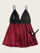 Plus Contrast Lace Satin Slips With Thong