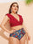 Plus Ruffle Trim Top With Tropical Bikini Set