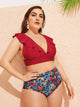 Plus Ruffle Trim Top With Tropical Bikini Set
