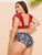 Plus Ruffle Trim Top With Tropical Bikini Set