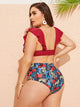 Plus Ruffle Trim Top With Tropical Bikini Set