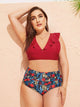 Plus Ruffle Trim Top With Tropical Bikini Set