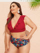 Plus Ruffle Trim Top With Tropical Bikini Set