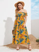 Plus Tropical Print Shirred Off Shoulder Maxi Dress