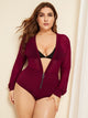 Plus Zipper Long Sleeve Teddy Bodysuit Without Lingerie Set