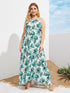 Plus Palm Tree Print Halter Dress