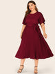 Plus Self Tie Butterfly Sleeve Pleated Dress