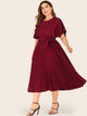 Plus Self Tie Butterfly Sleeve Pleated Dress