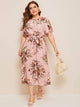 Plus Keyhole Front Floral Print Belted Dress