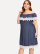 Plus Contrast Lace Ruffle Trim Off-Shoulder Denim Dress