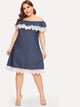 Plus Contrast Lace Ruffle Trim Off-Shoulder Denim Dress