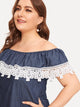 Plus Contrast Lace Ruffle Trim Off-Shoulder Denim Dress