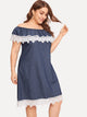 Plus Contrast Lace Ruffle Trim Off-Shoulder Denim Dress