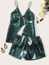 Plus Crane Print Lace Trim Satin Pajama Set