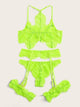 Plus Neon Lime Floral Lace Garter Lingerie Set