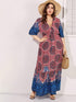 Plus Tribal Print Drawstring Waist Ruffle Hem Dress