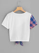 Plus Contrast Plaid Print Knot Hem Tee