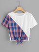 Plus Contrast Plaid Print Knot Hem Tee