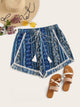 Plus Pom Pom Drawstring Waist Tribal Print Shorts