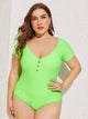 Plus Neon Lime Button Short Sleeve One Piece Swim