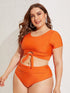 Plus Neon Orange Keyhole Short Sleeve Bikini Set