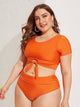 Plus Neon Orange Keyhole Short Sleeve Bikini Set