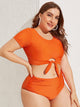 Plus Neon Orange Keyhole Short Sleeve Bikini Set