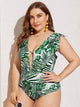 Plus Palm Print Ruffle Plunge One Piece Swimwear