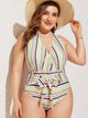 Plus Striped Tie Front Ruched One Piece Swim