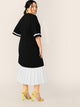 Plus Striped Cuff Slogan Print Pleated Hem Dress