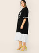 Plus Striped Cuff Slogan Print Pleated Hem Dress