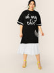 Plus Striped Cuff Slogan Print Pleated Hem Dress