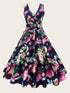 Plus Surplice Front Allover Floral Print Flared Dress