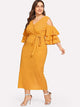 Plus Cold Shoulder Layered Sleeve Wrap Belted Dress