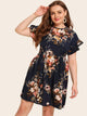 Plus Tropical Print Flounce Trim Dress