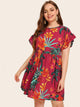 Plus Tropical Print Flounce Trim Dress