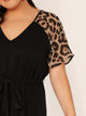 Plus V-neck Leopard Raglan Sleeve Belted Dress