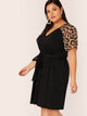 Plus V-neck Leopard Raglan Sleeve Belted Dress